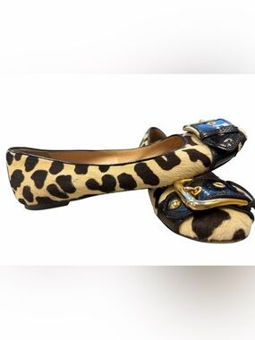 Giuseppe Zanotti Leopard Print Pony Hair Ballet Flats with Gold Buckles, 39 1/2